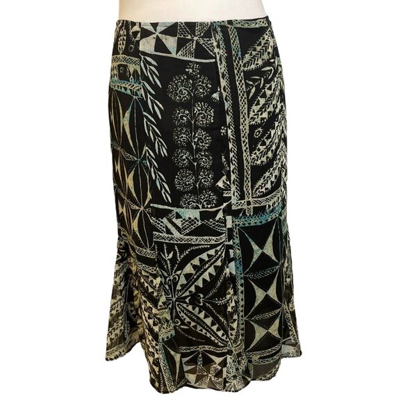 VTG Rafaella Printed Georgette Gore Midi Skirt Woodcut Patchwork Y2K Sz L NWT - Picture 1 of 9